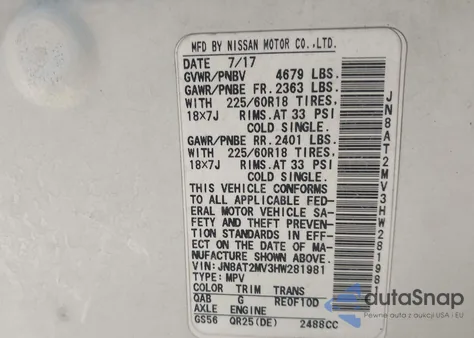 2017 Nissan Rogue Sl z USA, uszkodzony, nr VIN JN8AT2MV3HW281981